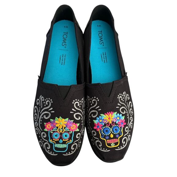 TOMS Alpargata Leather Wrap Shoes - Black Dia De Los Muertos Embroidery - Size 9 - Picture 1 of 6